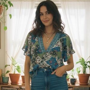 Meghan Noland Los Angeles Y2K Beaded Boho Patchwork Floral Peasant Blouse L